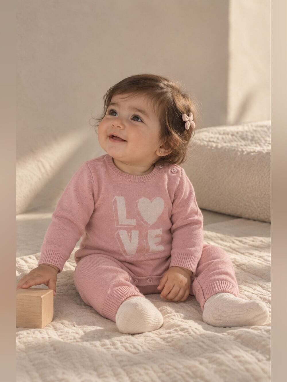 Joe Fresh Baby Pink LOVE Knit Romper 3-6M Long Sleeve Heart One Piece